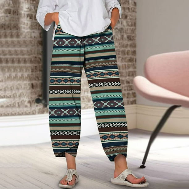 DPTALR Women Elastic Waist Pants Floral Print Wide Leg Pants Casual Cotton  Linen Crop Pants Athletic Trousers With Pocket 