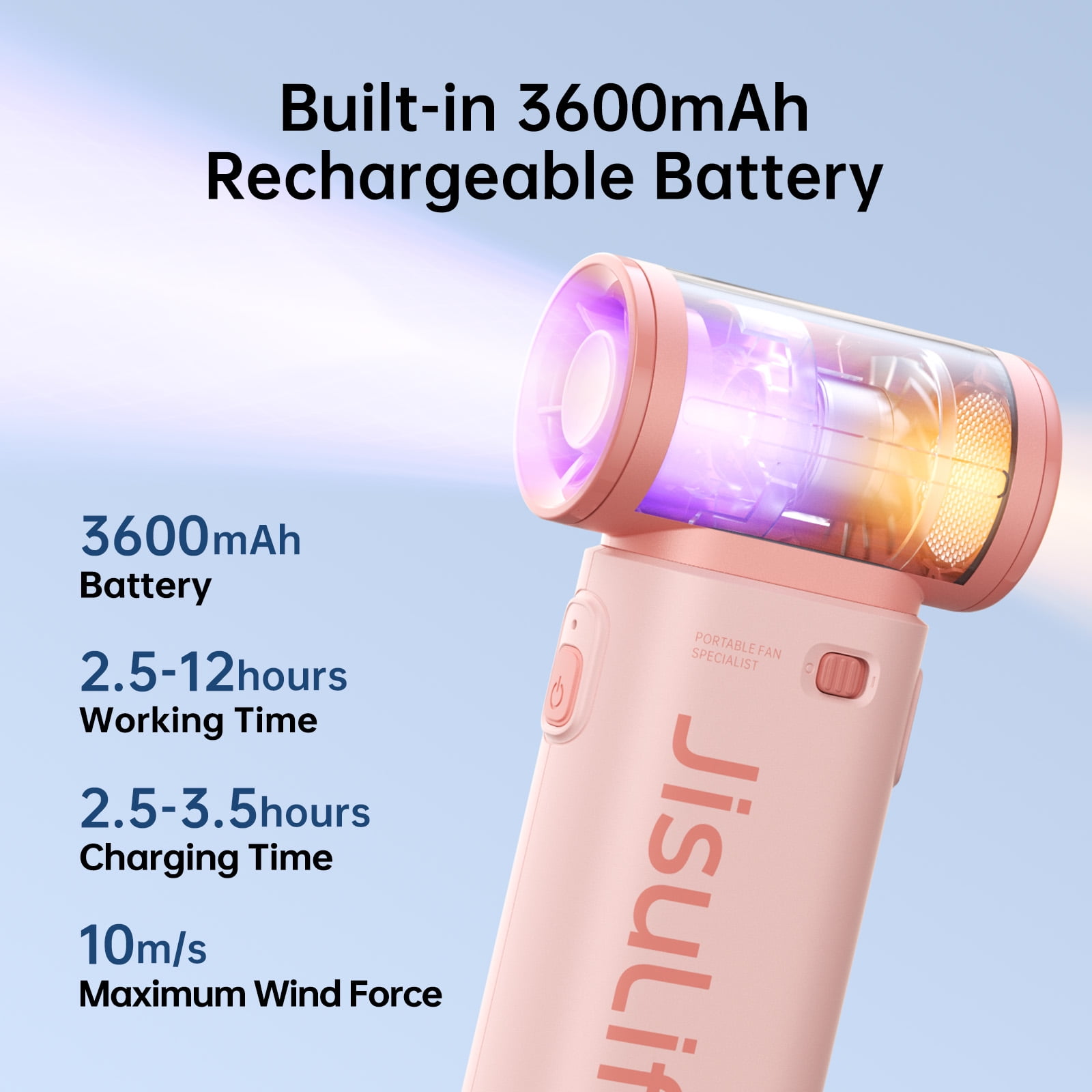 JISULIFE Portable Handheld Fan, Powerful Turbo Brushless Motor [12H Battery Life], 3600mAh USB Rechargeable, 5-Speed, Mini Pocket Design, Gift for Women Men, Travel Outdoor Use-Pink