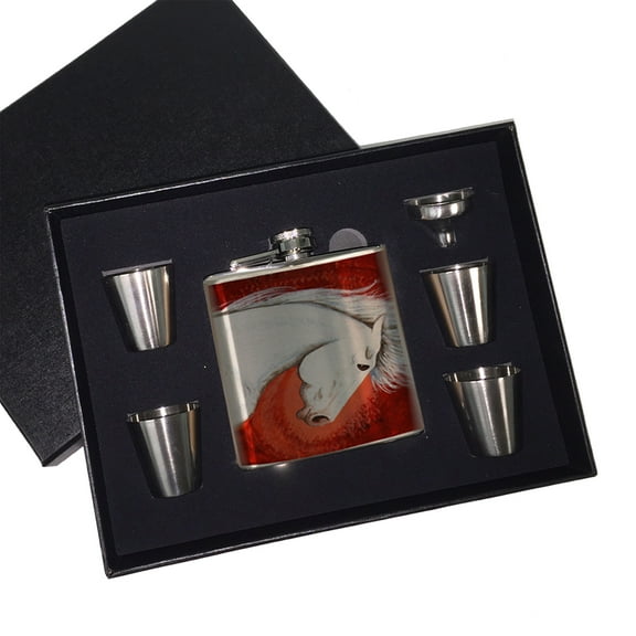 KuzmarK 6 oz. Stainless Steel Flask Set in Black Presentation Box -  White Andalusian Stallion Abstract Horse Art by Denise Every