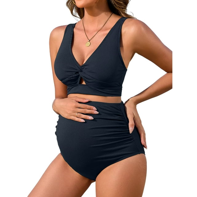 Charmo V Neck Maternity Swimsuits Ribbed Twist Front Bikini Sets High Waist Pregnancy Bathing Suits for Womens