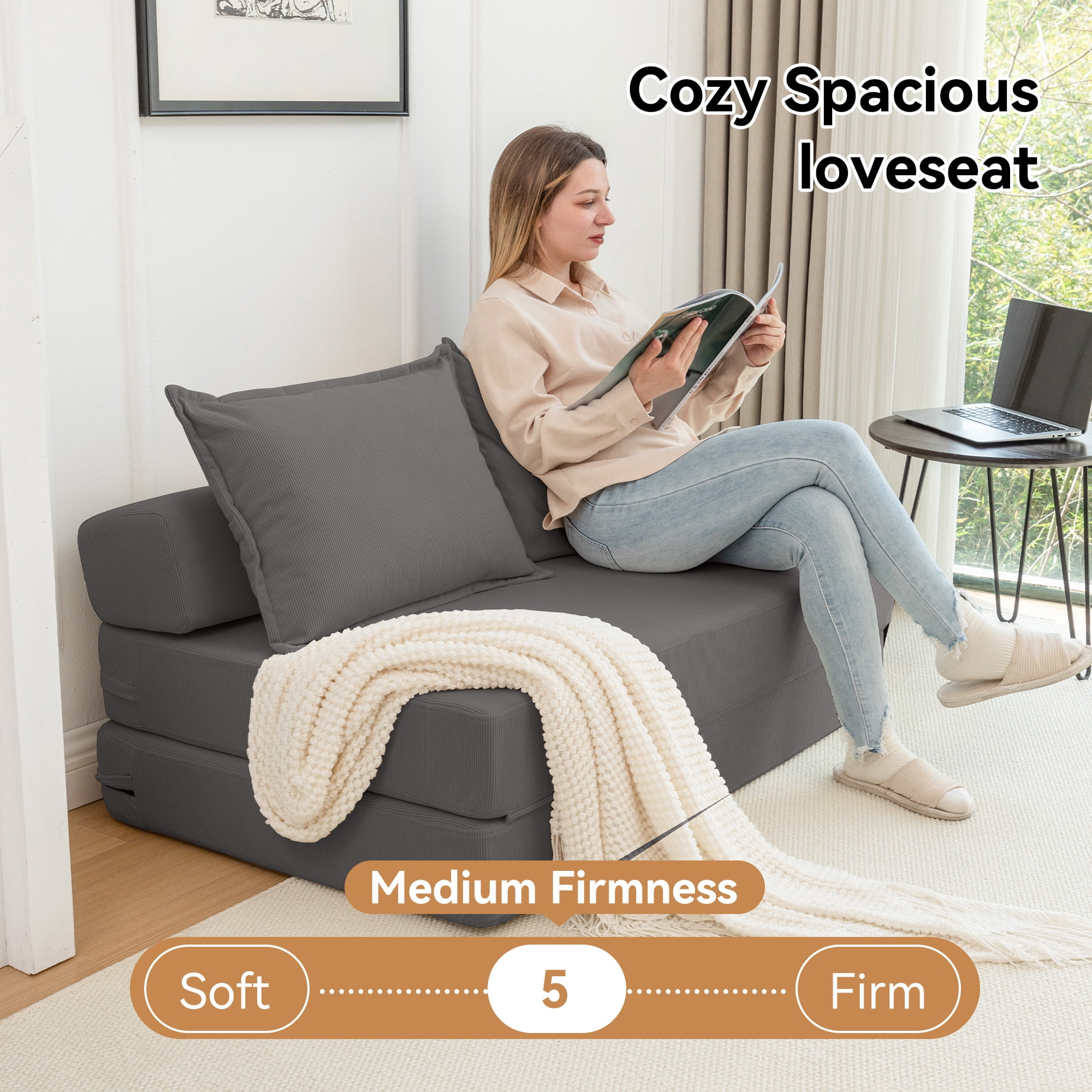 Leumius Folding Sofa Bed,Memory Foam Sleeper Lounge Chair Bed with Pillow, Floor Mattress Couch with Backrest for Living Room/Dorm/Guest Room/Home Office,Gray