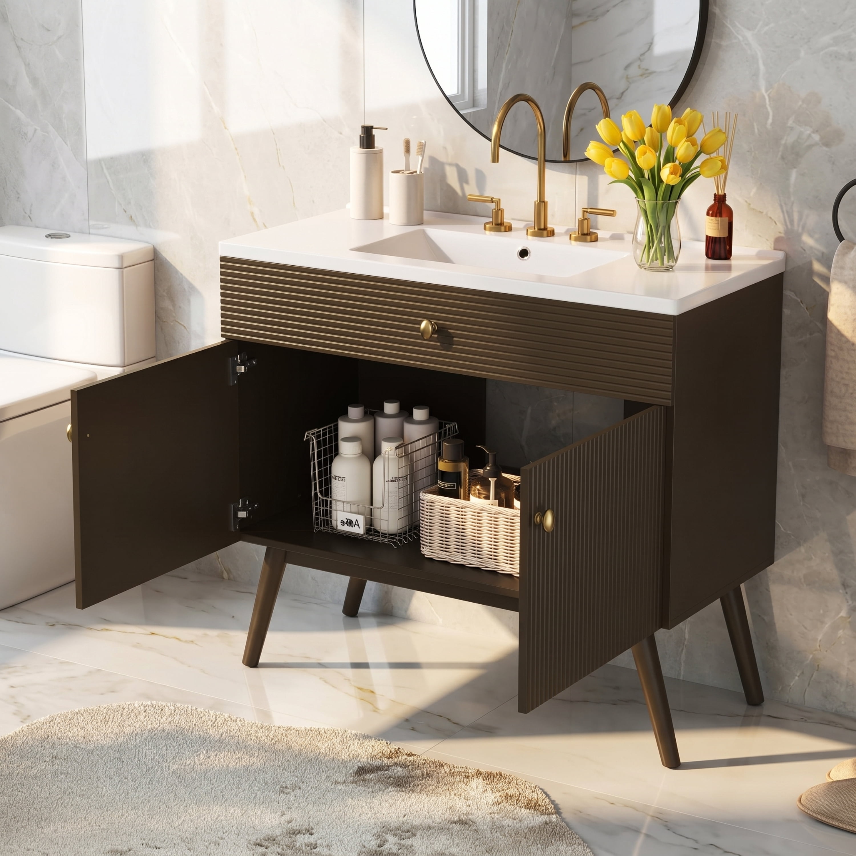 Mintazer 36 Inch Fluted Bathroom Vanity with Ceramic Sink, Modern Single Sink Bath Cabinet with Soft Close Storage, Brown