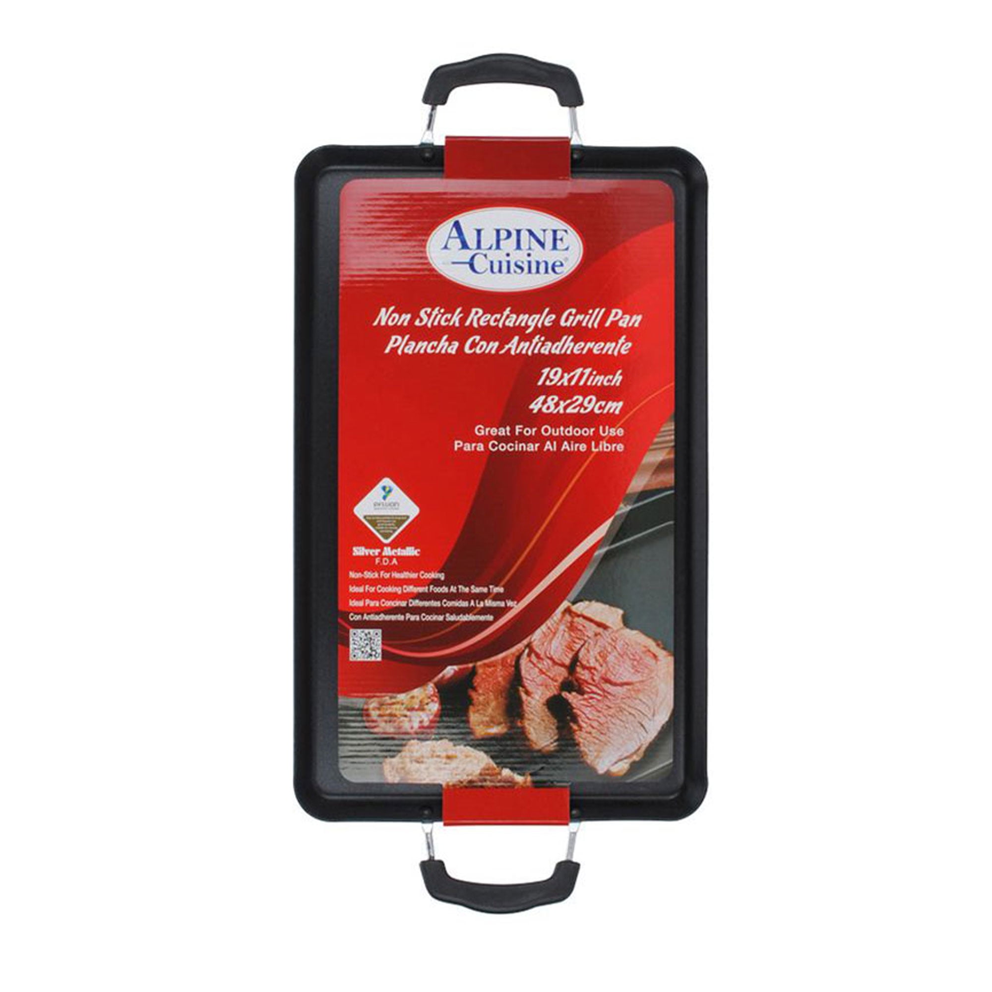 Alpine Cuisine Aluminum Griddle Pan 19x11in | Nonstick Coating & Heat Resistant | Gas Stove Griddle for Cookware with Double Handle - Ideal for BBQ & Serving Pancakes, Hand Wash - Gray