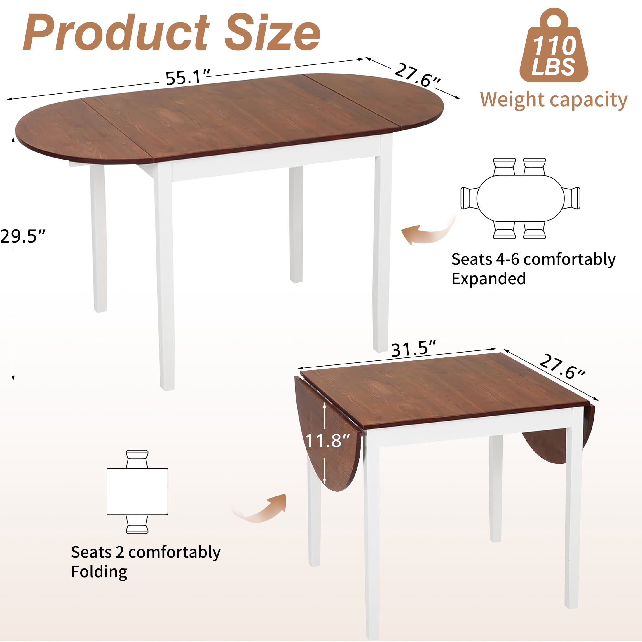 PAPROOS Drop Leaf Dining Table, 31''-55'' Extendable Kitchen Table for 6, Folding Dining Table, Solid Wood Dining Room Table, Small Dinner Table for Kitchen, Breakfast Nook, Brown(Only Table)