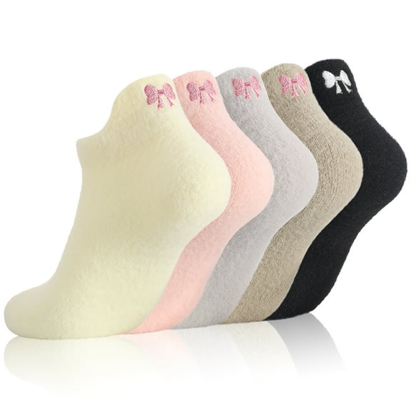 Bocaoying 5 Pairs Women Bow Fuzzy Socks, Cute Cozy Fluffy Scoks, Soft and Warm Ankle Slipper Socks for Women Girls Preppy Stuff