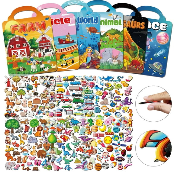 6Set Puffy Sticker Books for Kids 2-4, 3D Reusable Stickers Books for Toddlers 1-3,2-4,Farm,Animal,Dinosaurs,Ocean World,Space,Vehicle