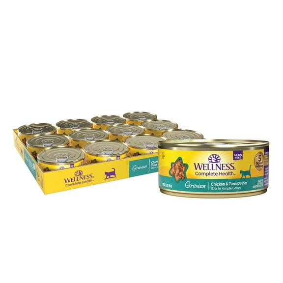Wellness Complete Health Gravy Adult Wet Cat Food, Natural, Protein-Rich, Grain Free, 5.5 Ounce , 12 Pack, (Chicken & Tuna Dinner)