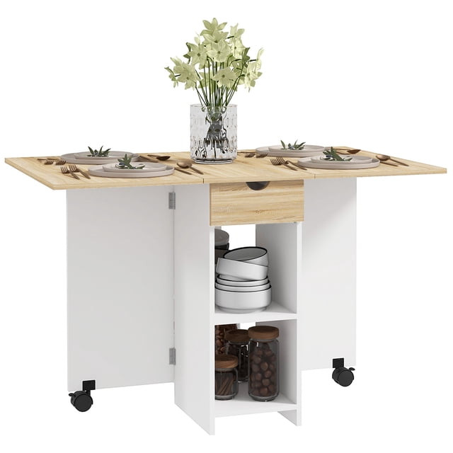 Oak Finish Folding Dining Table with Drawer & Shelves - Space Saving Drop Leaf Table for Kitchen or Dining Room - Seats 4