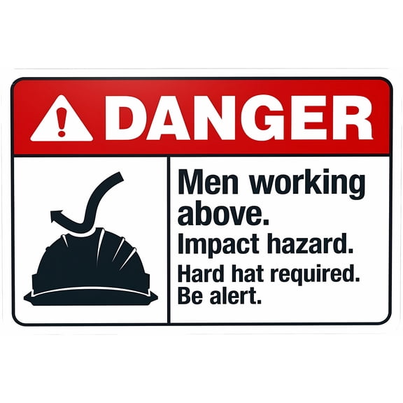 Men Working Above Impact Hazard Hard Hat Required Sign - 8"x12" Construction Security Metal Decor, Caution Marker for Home Business Garage Street