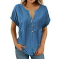 thumbnail image 4 of Breathable Cotton Blend Shirt Dress Office-To-Weekend Loose Fit Tunic with Roll-Up Sleeves, Capsule Wardrobe Staple for Spring Summer Layering, Light Blue Womens Short Sleeve Tops V Neck Casual, 4 of 5