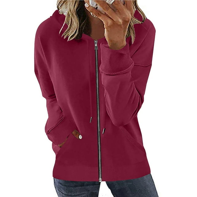 TIMIFIS Chandail à Capuchon à Manches Longues pour Femmes, Veste de Survêtement Zippée avec Poches - Vin - Mfall