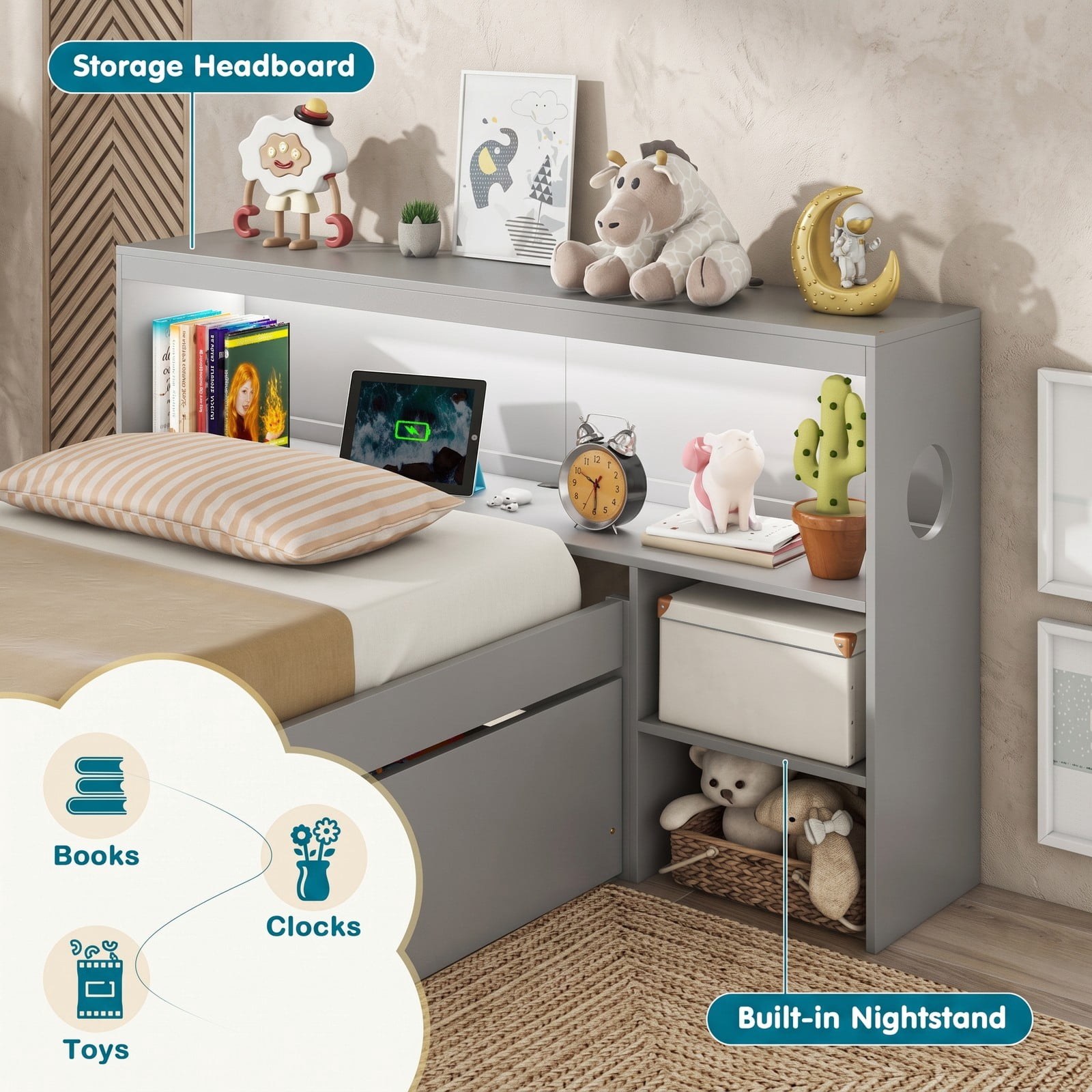 Furnibear Twin Bed Frame with Storage, Wood Bed Frame with LED Bookcase Headboard Nightstand and 2 Drawers for Bedroom, No Box Spring Needed, Gray