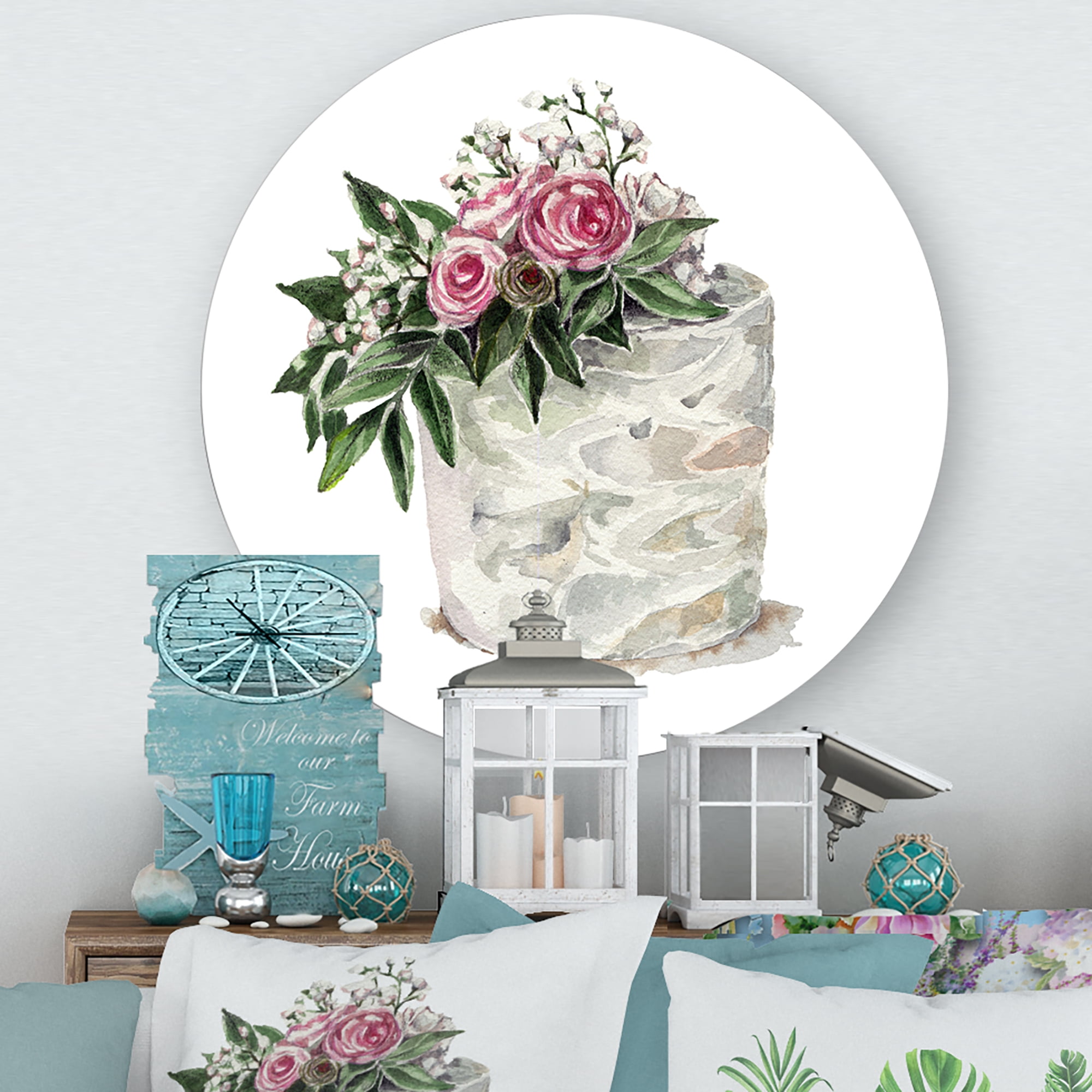 Designart 'White Flowers and Pink Roses On Cake' Traditional Circle Metal Wall Art 11x11 - Disc of 11
