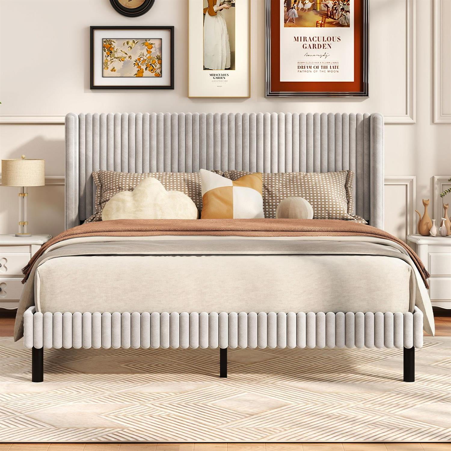 Spaco Queen Size Velvet Bed Frame, Vertical Channel Tufted Wingback Headboard, Plush Velvet & High-Density Foam, Rubber Wood Legs, White