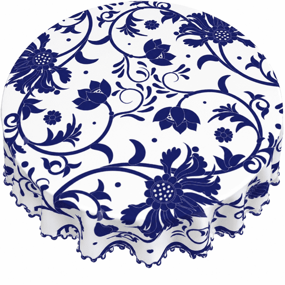 Verolix Blue and White Floral Round Tablecloth 60 Inch, Decorative Porcelain Style Table Cover for Dining Table