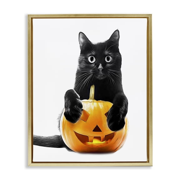 Stupell Industries Modern Black Cat & Jack-o-Lantern Gold Floating Frame Canvas Art, 17 x 21, by Annalisa Latella