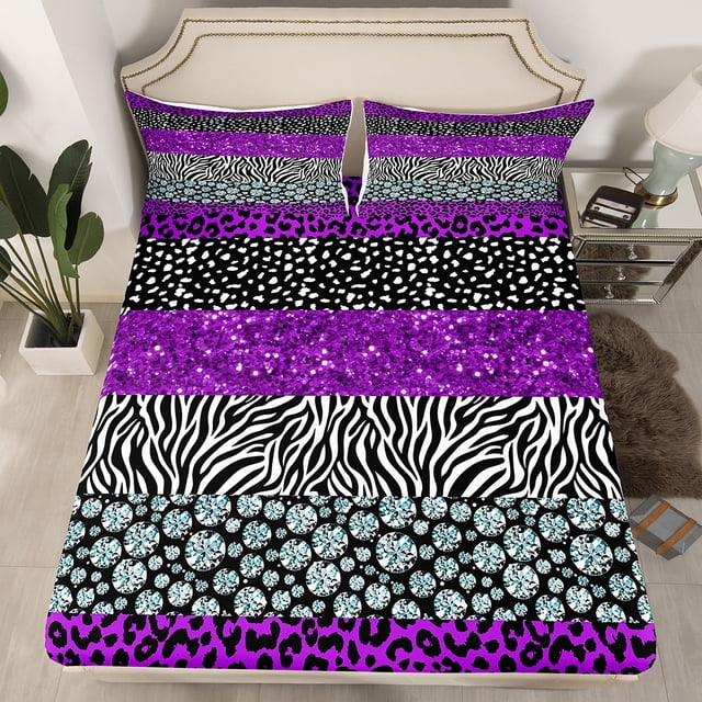 Leopard Print Fitted Sheet Full Size,Rustic Cheetah Zebra Skin Texture Patchwork Bedding Set For Girls Women Glitter Sequins Romantic Bed Sheets,Purple Chic Bed Set,2 Pillowcases (No Top Sheet)