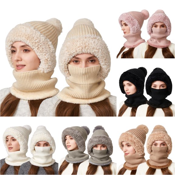 Daznico Lined Knitted Balaclava Hat, Thermal Warm Winter Scarf Hat Combo with Face Cover for Cold Weather Outdoor Activities