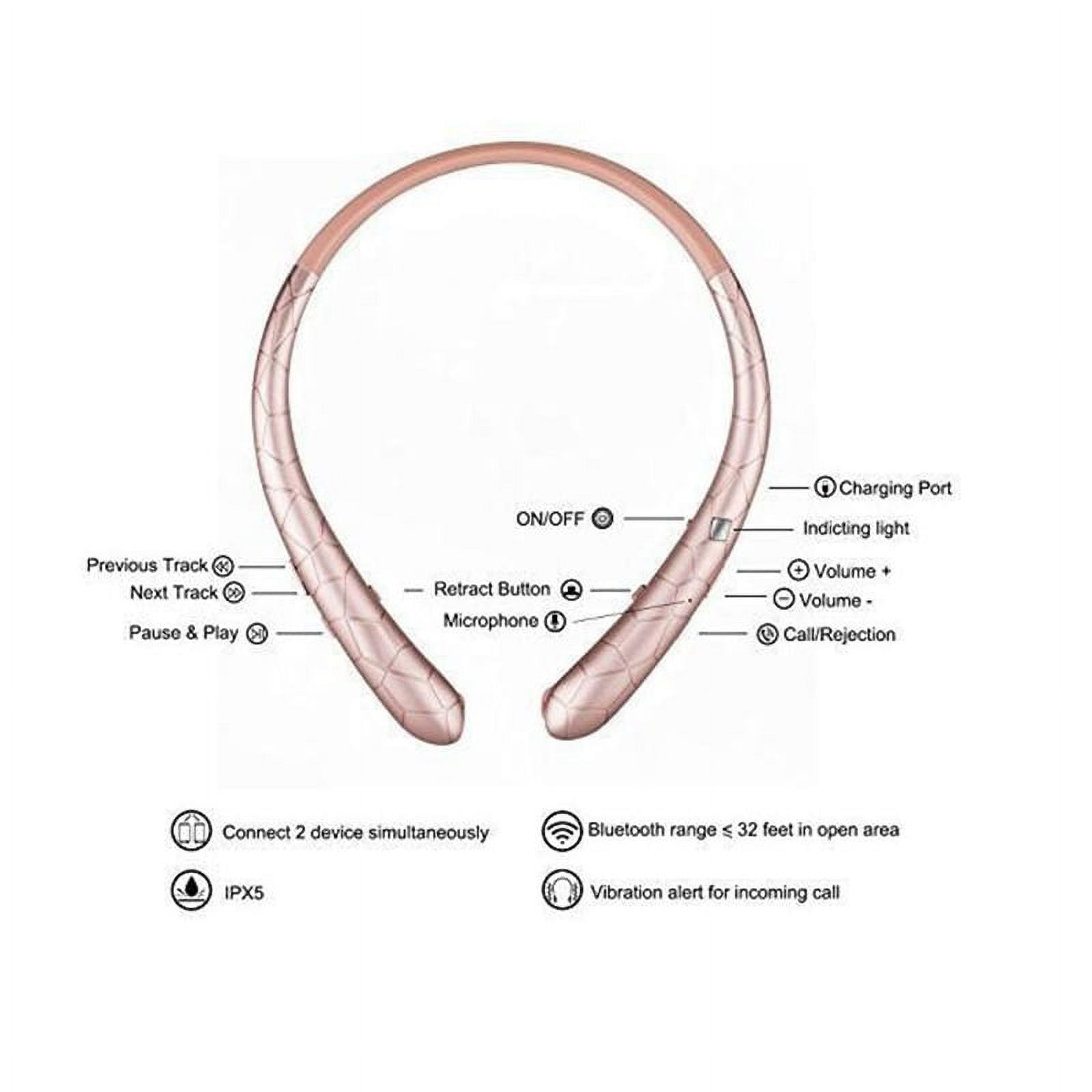 Wireless Headphones Retractable Earbuds Sport Neckband Bluetooth Headphones HD Stereo Bluetooth Earphones with Mic Sweatproof for Gym Workout, Rose Gold