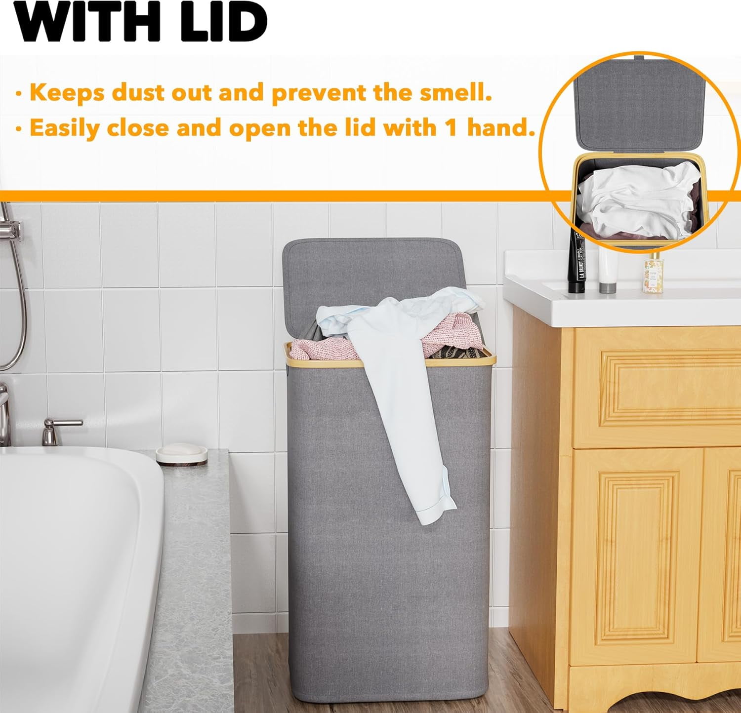 SpaceAid 110L Laundry Hamper with Lid, Large Tall Clothes Basket Bin, Grey