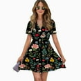 thumbnail image 2 of Dark Floral Embroidered Repeat Pattern Women Dress V-Neck Short Sleeve Flowy Swing Party Midi Dress, 2 of 4