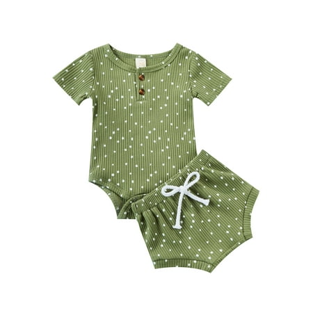 

Nokpsedcb Newborn Baby Boy Girl Summer Streetwear 2Pcs Set Short Sleeve Round Neck Dot Print Jumpsuit Elastic Waist Triangle Shorts Dark Green 6-12 Months