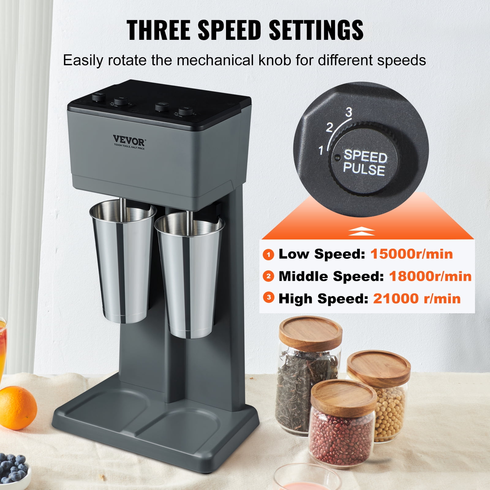 VEVOR Milkshake Machine, 375W x 2 Milkshake Maker Mixer, Dual Head Drink Mixer Blender Machine, 3-Speed Milkshake Blender with 2 x 820ml Stainless Steel Cup for Commercial