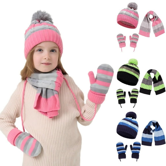 Nmnitkp Toddler Baby Beanie Mittens Scarf Set, Knit Warm Winter Hat for Boys Girls Kids Cap Gloves Neck Scarf Fleece Lining 3-10 Years Pink