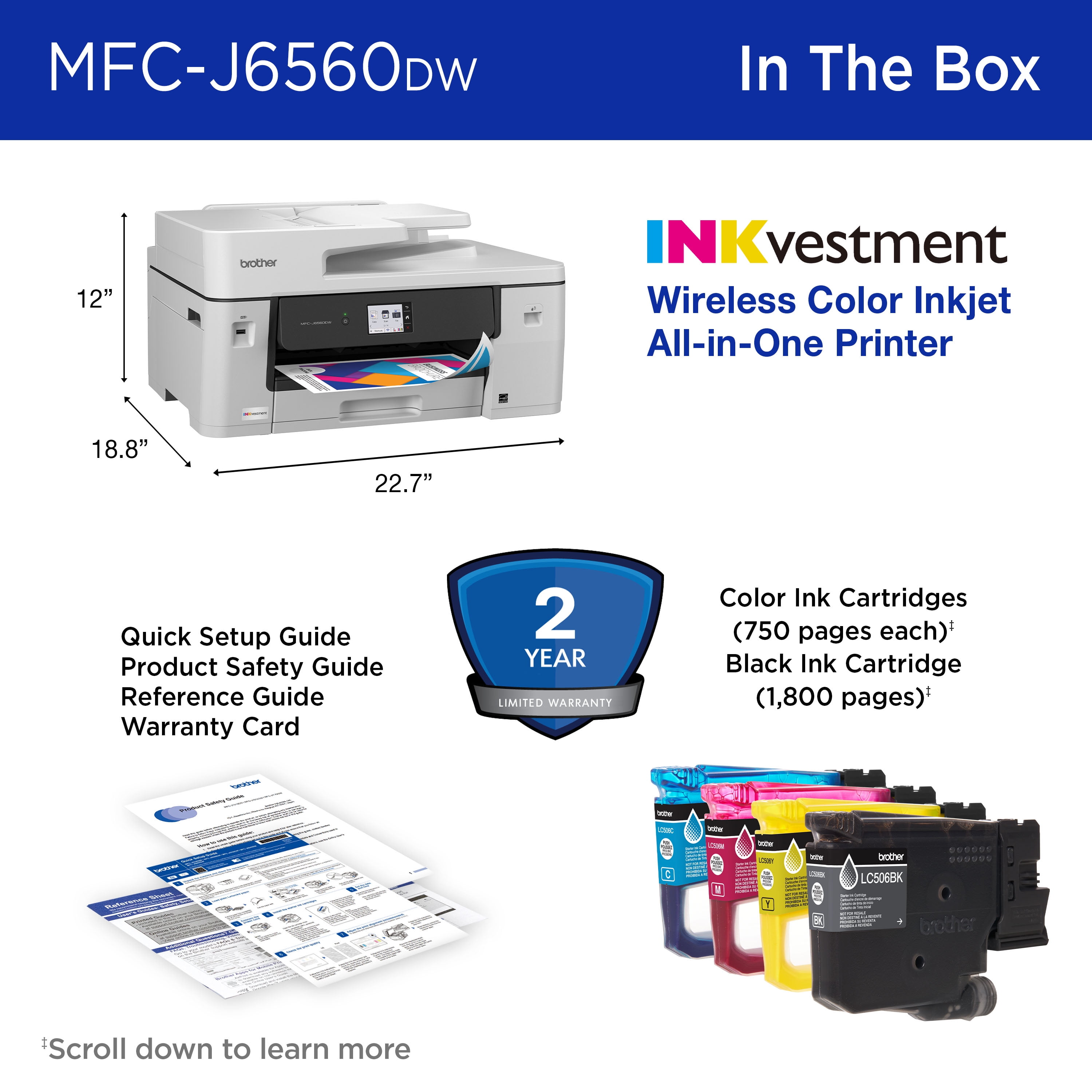 Brother INKvestment MCF-J6560DW Wireless Color Inkjet All-in-One Printer with 11”x17” capabilities and 2.7” Color Touchscreen
