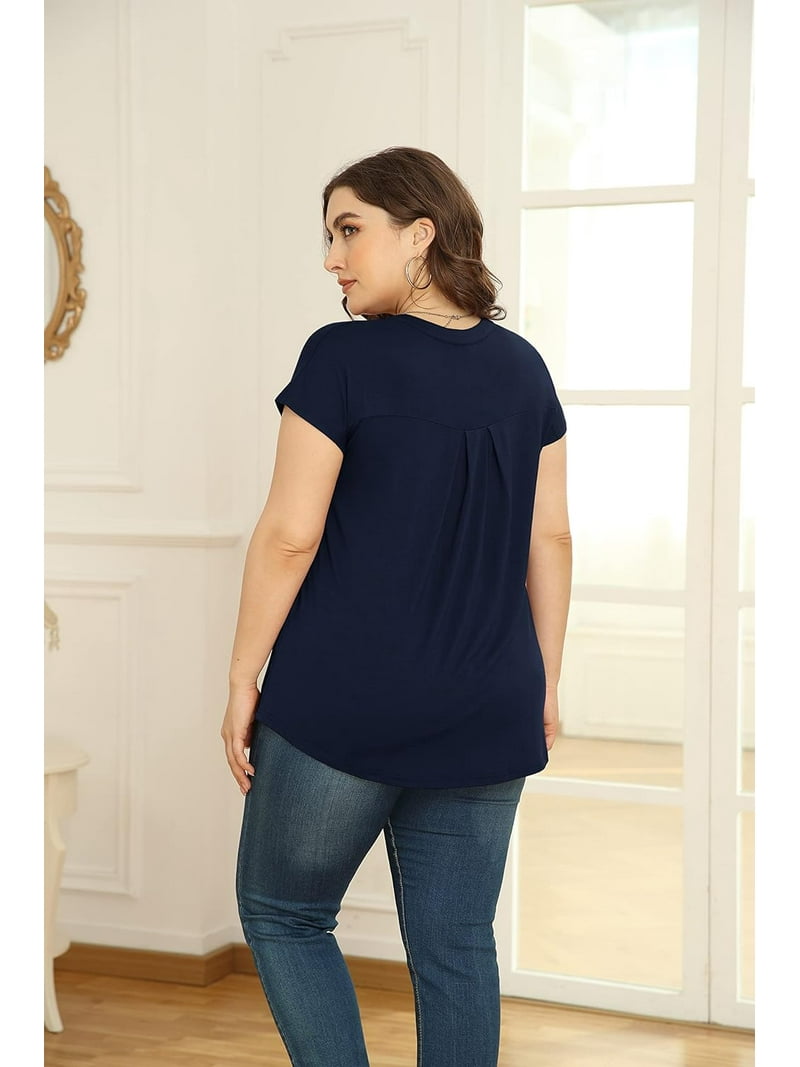 VISLILY Women's Plus Size Loose Tunic Top – Short Sleeve Button Blouse, Royal Blue, Size 24W