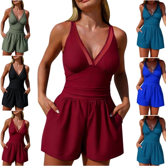 LEKWK Romper Swimsuits for Women One Piece Swim Dress with Pockets Mesh V Neck Tummy Control Shorts Bottom Modest Bathing Suit Summer Beach Wear Mom Gifts
