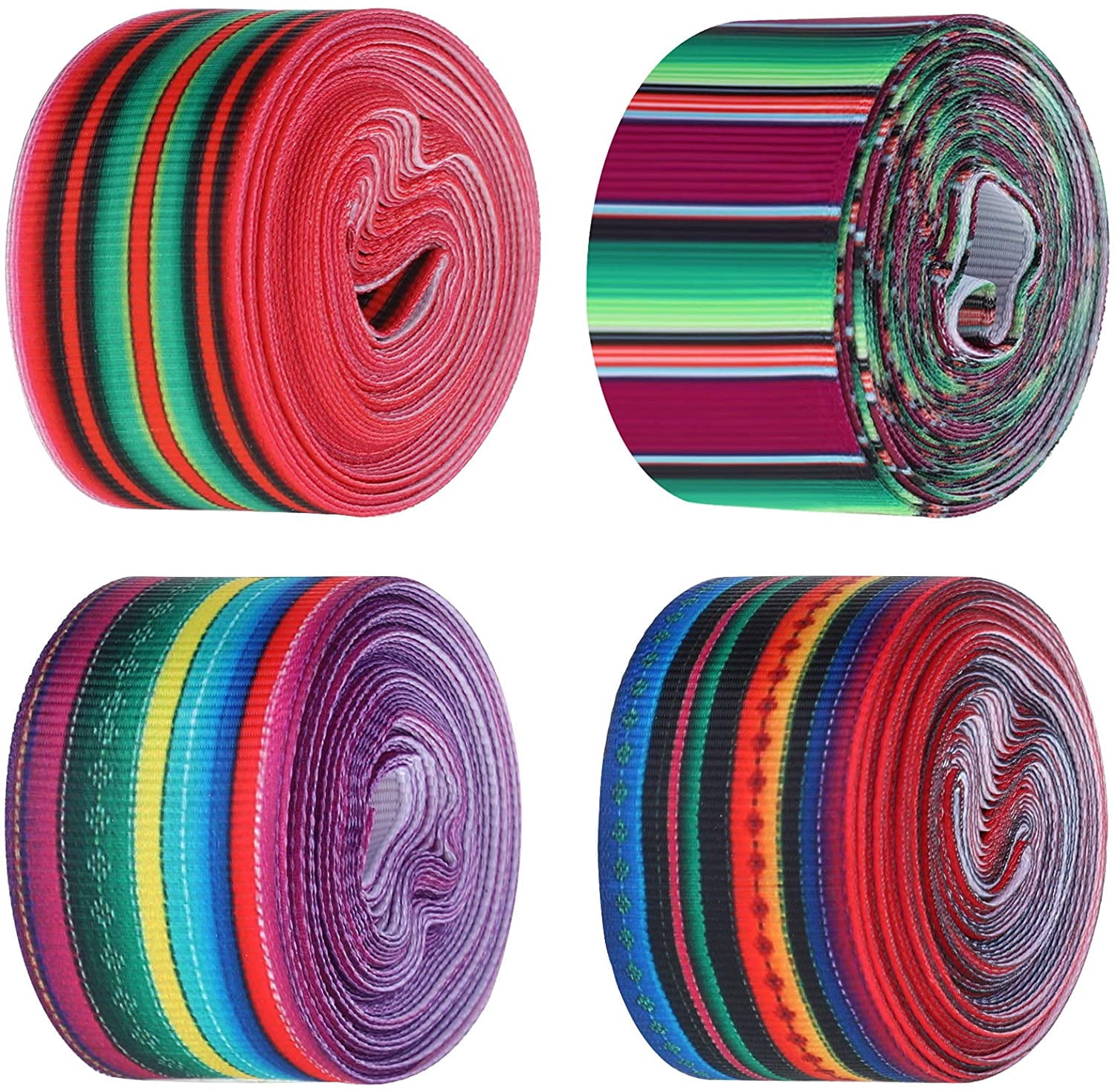 Mexican Fiesta Serape Ribbon - 3 Rolls Colorful Rainbow Stripe Grosgrain Ribbon For Crafts & Decor, 15 Yards Total