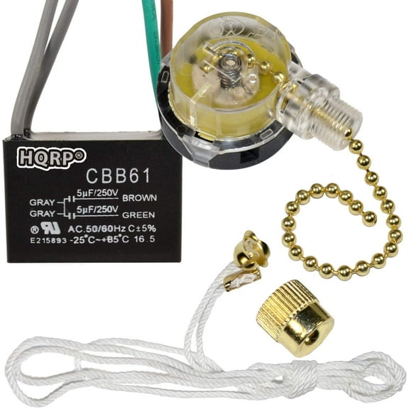 HQRP Kit Ceiling Fan Capacitor CBB61 5uf 5uf 4-Wire and 3-Speed Fan Switch