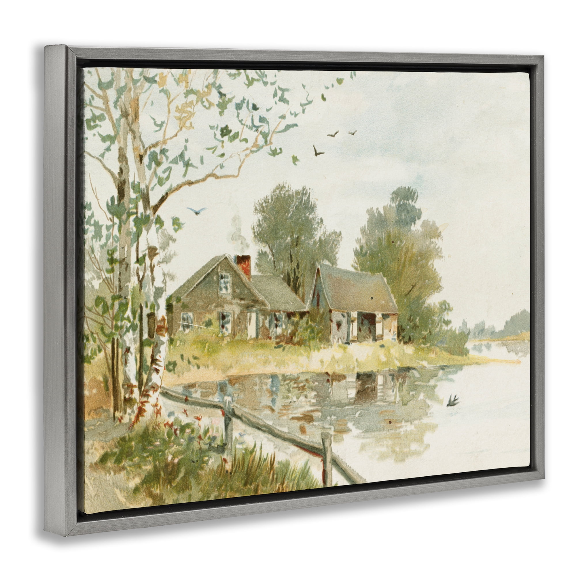 Cabin Along River's Edge Gray Framed Floater Canvas Wall Art, design by Lettered and Lined