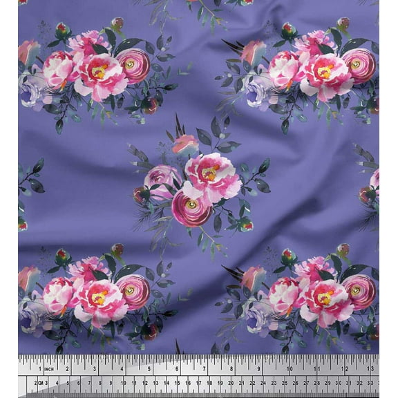 Soimoi Purple Cotton Duck Fabric Leaves & Pink Floral Print Sewing Fabric BTY 42 Inch Wide
