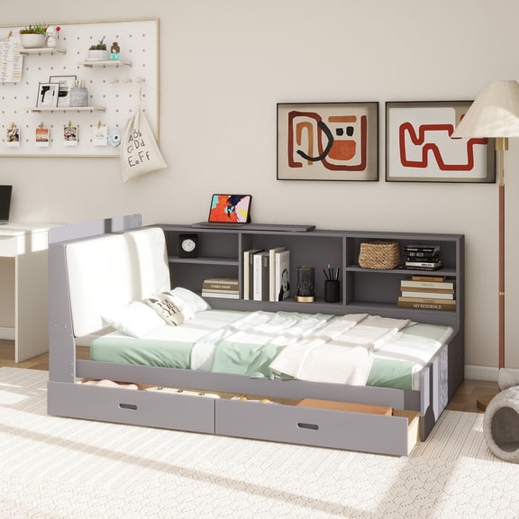 Wood Twin Size platform bed with Storage Headboard, Shelves and 2 Drawers, Gray