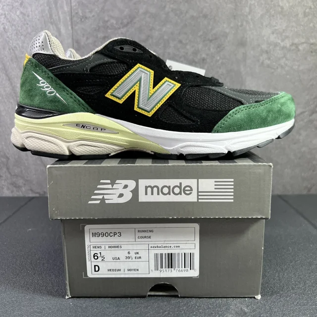 New Balance 990v3 Made In USA Black Green 2021 Sz 6.5 Mens Casual Shoes M990CP3