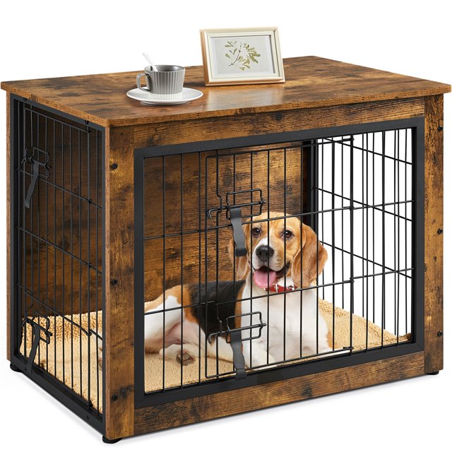 Yaheetech 32" W Multi Functional Wooden Dog Crate with Anti Skid Plush Mat, Rustic Brown