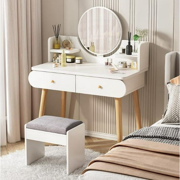 Vanity Desk Set with Mirror, Makeup Table with 2 Drawers, White