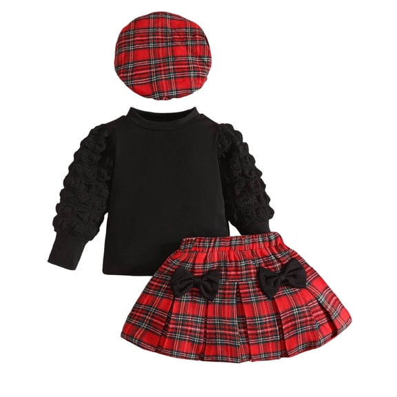 OJSFQUFP Girls Christmas Comfortable and Breathable Set Cute Printed Long Sleeve Top Checkered Short Skirt Beret Three Piece Set
