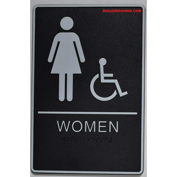 Women Accessible Restroom Sign with Braille and Double Sided Tap (Black,6x9 Comes with Double Sided Tape)- The Standard line