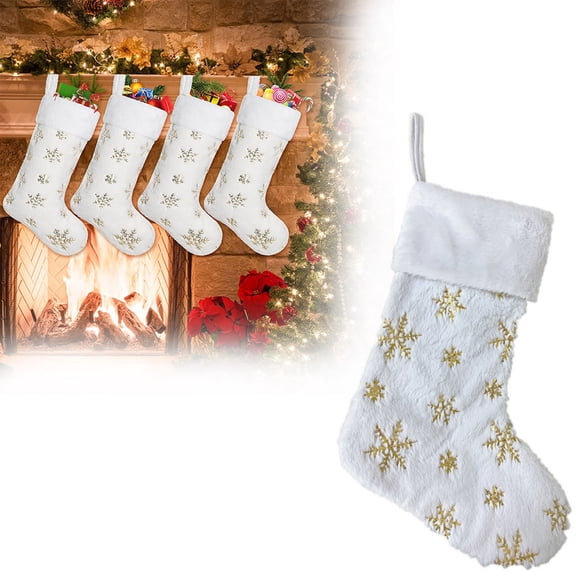 White Christmas Stockings 19 Inch Large Plush Xmas Stocking with Golden Snowflake Sequin Glitter Design for Christmas Tree Wall Fireplace Home Decoration Holiday Party Festive Celebration