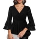 thumbnail image 1 of Ounisa Womens Ruffle 3/4 Sleeve V Neck Double Layers Mesh Blouses Loose Fit Flowy Tunic Tops, 1 of 7