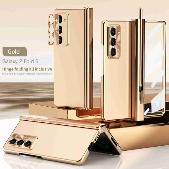 Dteck for Samsung Z Fold 5 Case with S Pen Holder & Front Screen Protector & Camera Lens Protector,Plating Hard PC Hinge Protection Folding Cover Case for Samsung Galaxy Z Fold 5 5G 7.6" ,Gold