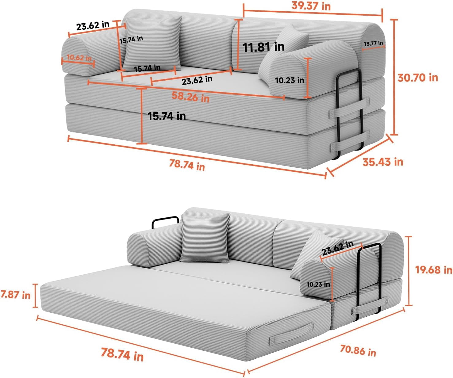 Futon Sofa Bed, 4‑in‑1 Convertible Sofa Bed, Folding Boneless Couches for Living Room, Modular Corduroy Sleeper Loveseat with Pull-Out Bed, No Assembly, Small Space Apartment Couch (Black)