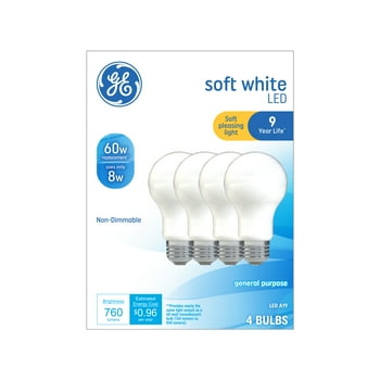 GE Soft White LED Light Bulbs, 60 Watt Eqv, A19 General Purpose, 9 year, 4pk