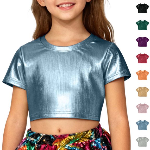 Bmisegm Girls Summer Tops Kids Striped Short Sleeve Casual Loose Fit Hop Dance Tee Girls T Shirts Blue 5-6 Years