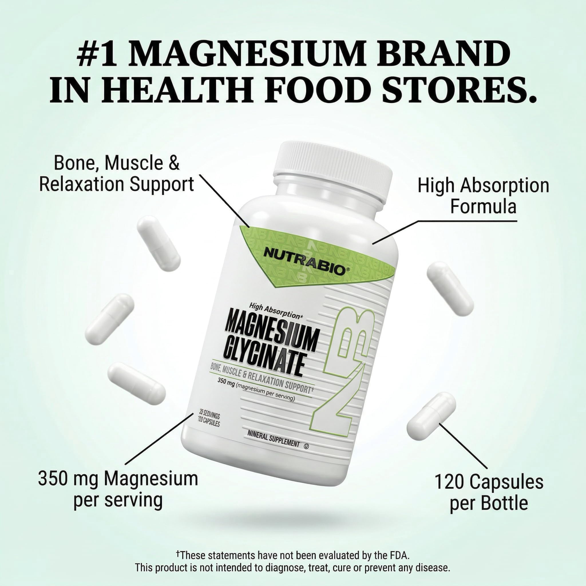 NutraBio- Magnesium Glycinate- Pure Magnesium Glycinate- Magnesium Sleep Supplement, Supports Relaxation, Heart Health, Nerves, Muscles, and Metabolism- 350 mg- 120 Capsules