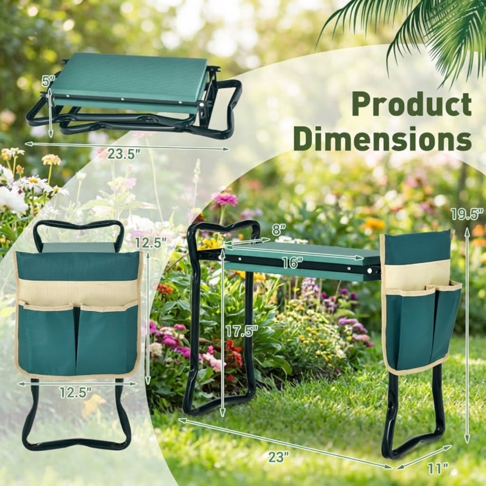 Biotree Folding Garden Kneeler Seat with Cushion Pad and Tool Pouch 300 lbs Capacity Sturdy Steel Frame Green - Compact Outdoor Gardening Bench for Adults