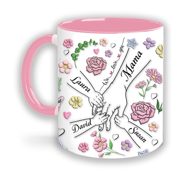 Personalized Mama Coffee Cups Flower, Custom Mug For Mom With Hand Kid Name From Daughter And Son On Mother's Day Christmas, Ceramic Accent Mugs Pink 11oz or 15oz NQ6208571